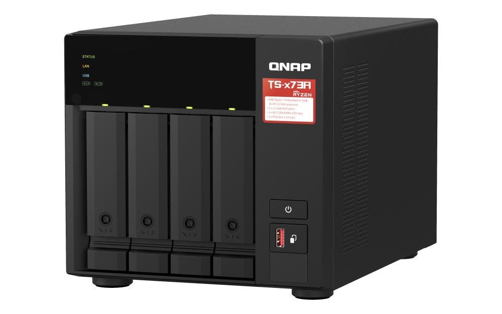 QNAP - TS-473A-8G-US - QNAP Desktop 4-bay NAS/iSCSI IP-SAN, AMD Ryzen V1000 series V1500B 4C/8T 2.2 GHz, 8GB RAM, two 2.5GbE, 10G-ready