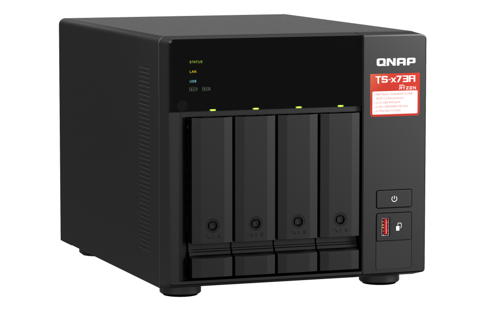 QNAP - TS-473A-8G-US - QNAP Desktop 4-bay NAS/iSCSI IP-SAN, AMD Ryzen V1000 series V1500B 4C/8T 2.2 GHz, 8GB RAM, two 2.5GbE, 10G-ready