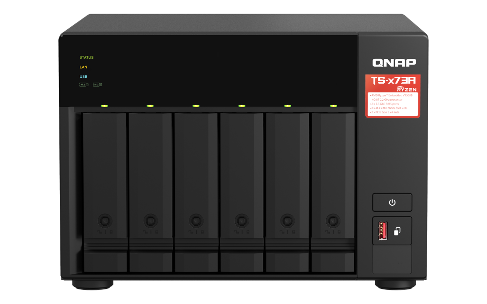 QNAP - TS-673A-8G-US - QNAP Desktop 6-bay NAS/iSCSI IP-SAN, AMD Ryzen V1000 series V1500B 4C/8T 2.2 GHz, 8GB RAM, two 2.5GbE, 10G-ready