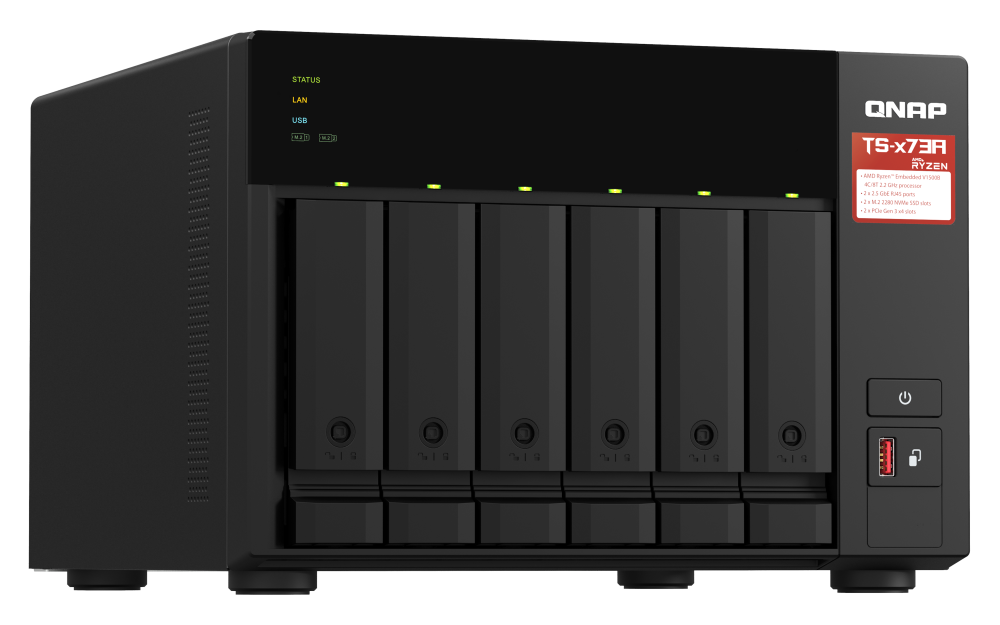 QNAP - TS-673A-8G-US - QNAP Desktop 6-bay NAS/iSCSI IP-SAN, AMD Ryzen V1000 series V1500B 4C/8T 2.2 GHz, 8GB RAM, two 2.5GbE, 10G-ready