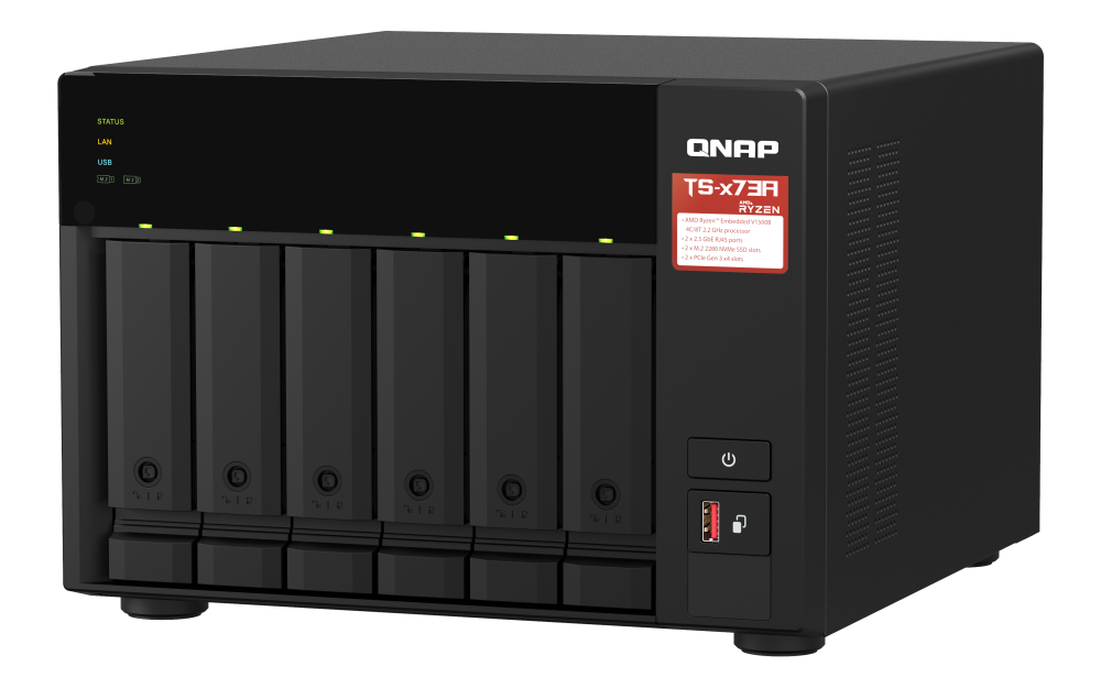 QNAP - TS-673A-8G-US - QNAP Desktop 6-bay NAS/iSCSI IP-SAN, AMD Ryzen V1000 series V1500B 4C/8T 2.2 GHz, 8GB RAM, two 2.5GbE, 10G-ready