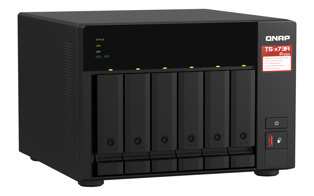 QNAP - TS-673A-8G-US - QNAP Desktop 6-bay NAS/iSCSI IP-SAN, AMD Ryzen V1000 series V1500B 4C/8T 2.2 GHz, 8GB RAM, two 2.5GbE, 10G-ready