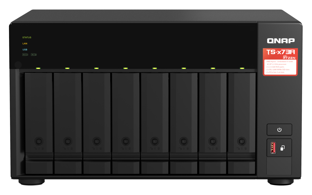 QNAP - TS-873A-8G-US - QNAP Desktop 8-bay NAS/iSCSI IP-SAN, AMD Ryzen V1000 series V1500B 4C/8T 2.2 GHz, 8GB RAM, two 2.5GbE, 10G-ready
