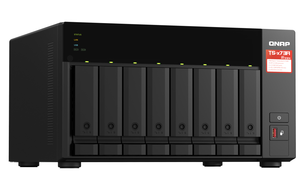 QNAP - TS-873A-8G-US - QNAP Desktop 8-bay NAS/iSCSI IP-SAN, AMD Ryzen V1000 series V1500B 4C/8T 2.2 GHz, 8GB RAM, two 2.5GbE, 10G-ready