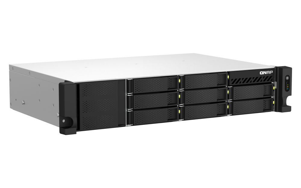 QNAP - TS-873AeU-4G-US - QNAP 2U 8-Bay short-depth rackmount NAS/iSCSI IP-SAN. AMD Ryzen V1500B 4C/8T 2.2GHz, 4GB RAM, 2x2.5GbE LAN, M.2 2280 NVMe/SATA SSD( PCIe Gen3x1), Optional 10GbE PCIe expansion, Single PSU