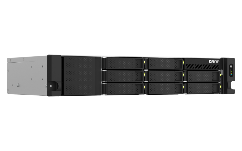 QNAP - TS-873AeU-4G-US - QNAP 2U 8-Bay short-depth rackmount NAS/iSCSI IP-SAN. AMD Ryzen V1500B 4C/8T 2.2GHz, 4GB RAM, 2x2.5GbE LAN, M.2 2280 NVMe/SATA SSD( PCIe Gen3x1), Optional 10GbE PCIe expansion, Single PSU