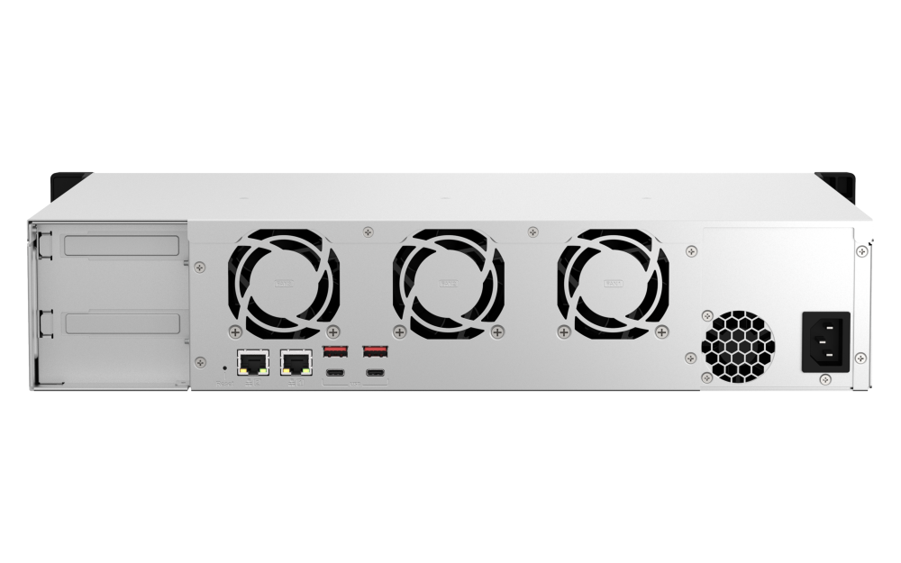 QNAP - TS-873AeU-4G-US - QNAP 2U 8-Bay short-depth rackmount NAS/iSCSI IP-SAN. AMD Ryzen V1500B 4C/8T 2.2GHz, 4GB RAM, 2x2.5GbE LAN, M.2 2280 NVMe/SATA SSD( PCIe Gen3x1), Optional 10GbE PCIe expansion, Single PSU