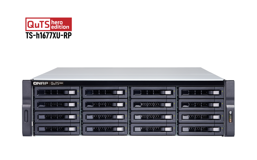 QNAP - TS-h1677XU-RP-3700X-32G-US - QNAP 3U 16-Bay QTS hero NAS/iSCSI IP-SAN, AMD Ryzen 7 3700X 8C/16T 3.4 GHz, 32GB DDR4 RAM, 1GbE*2 , 10GbE*2 SFP+