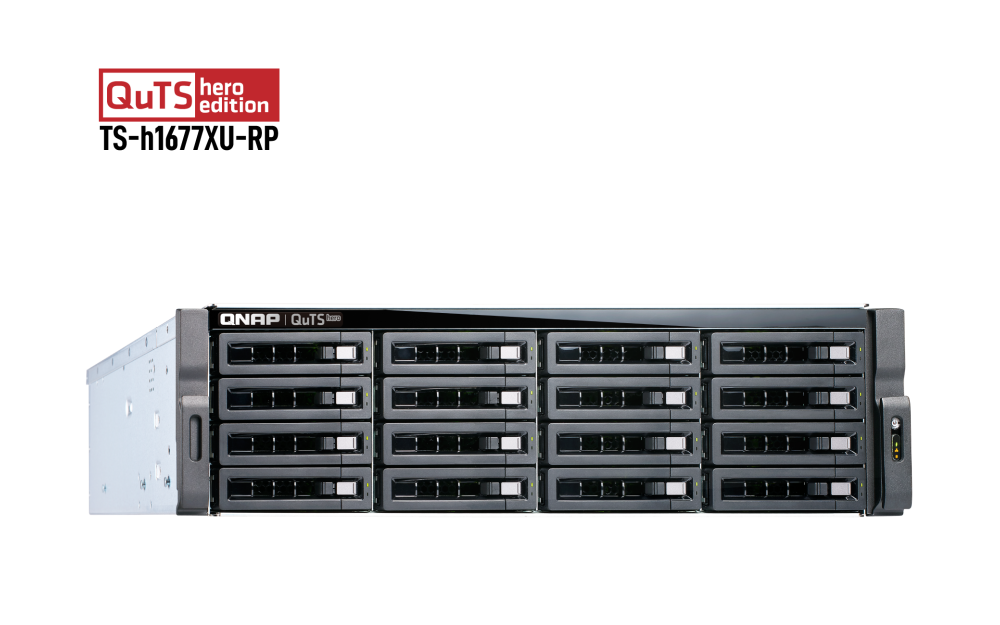 QNAP - TS-h1677XU-RP-3700X-32G-US - QNAP 3U 16-Bay QTS hero NAS/iSCSI IP-SAN, AMD Ryzen 7 3700X 8C/16T 3.4 GHz, 32GB DDR4 RAM, 1GbE*2 , 10GbE*2 SFP+