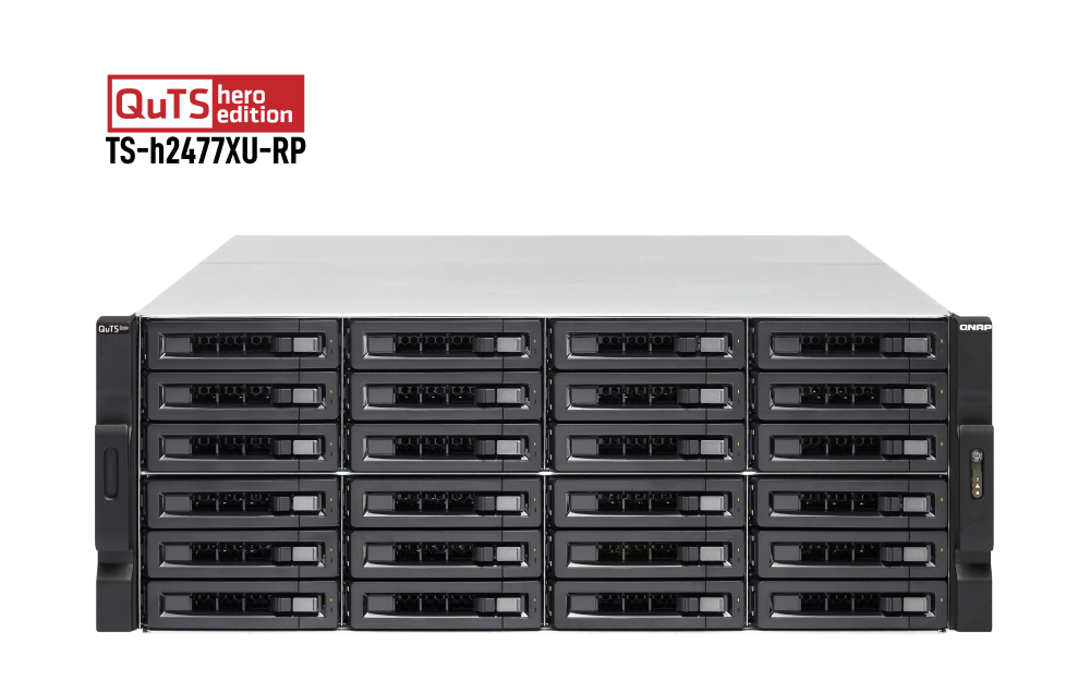 QNAP - TS-h2477XU-RP-3700X-32G-US - QNAP 4U 24-Bay QTS hero NAS/iSCSI IP-SAN, AMD Ryzen 7 3700X 8C/16T 3.4 GHz, 32GB DDR4 RAM, 1GbE*2 , 10GbE*2 SFP+