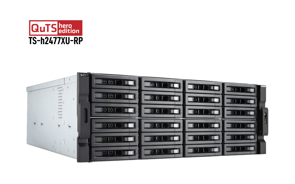 QNAP - TS-h2477XU-RP-3700X-32G-US - QNAP 4U 24-Bay QTS hero NAS/iSCSI IP-SAN, AMD Ryzen 7 3700X 8C/16T 3.4 GHz, 32GB DDR4 RAM, 1GbE*2 , 10GbE*2 SFP+