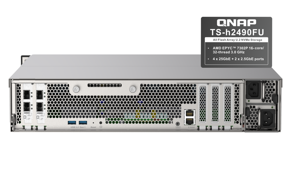 QNAP - TS-h2490FU-7302P-128G-US - QNAP 24-Bay all-flash NAS, NVMe Gen3 x4, AMD EPYC 7302P 3.0GHz, 128GB  RAM, 2 x 2.5GbE LAN, 4 x 25GbE SFP28, iSCSI, RAID 0,1, 5, 6, 10, 5+spare, 6+spare, 10+spare, global hot spare,  PCIe expansion slot x5