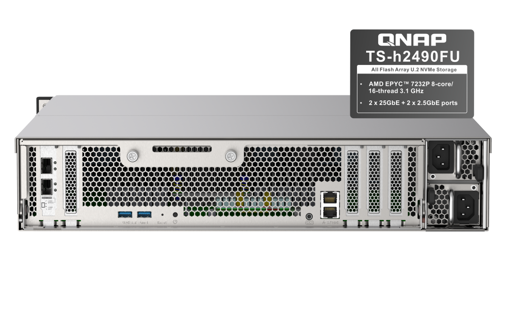 QNAP - TS-h2490FU-7302P-128G-US - QNAP 24-Bay all-flash NAS, NVMe Gen3 x4, AMD EPYC 7302P 3.0GHz, 128GB  RAM, 2 x 2.5GbE LAN, 4 x 25GbE SFP28, iSCSI, RAID 0,1, 5, 6, 10, 5+spare, 6+spare, 10+spare, global hot spare,  PCIe expansion slot x5