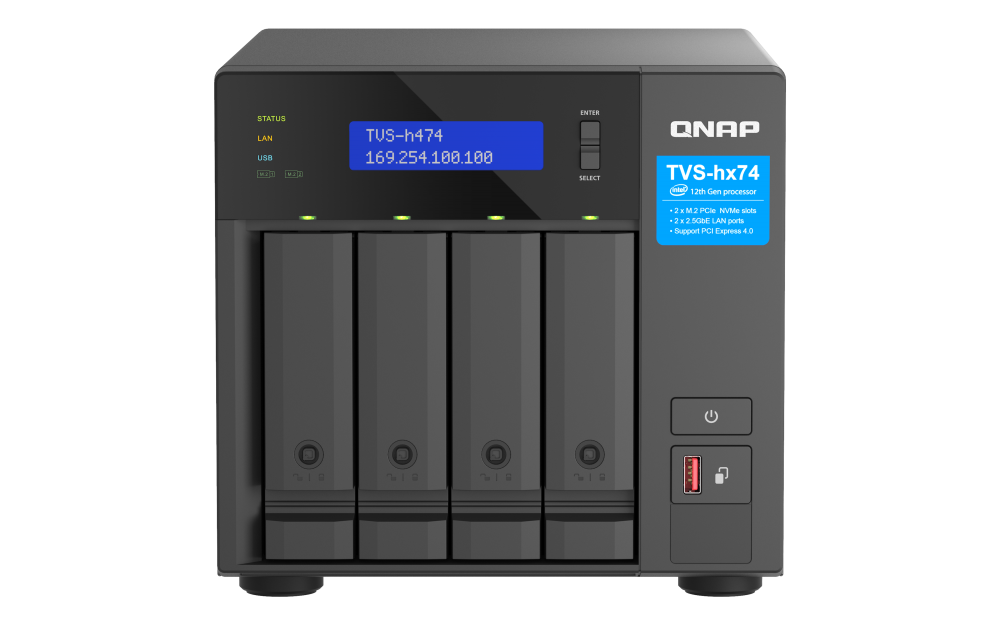 QNAP - TVS-h474-PT-8G-US - QNAP Ultra-High Speed 4 Bay NAS. Intel Pentium Gold G7400 2C Processor , 8GB RAM DDR4 RAM