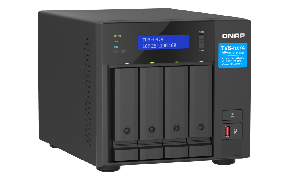 QNAP - TVS-h474-PT-8G-US - QNAP Ultra-High Speed 4 Bay NAS. Intel Pentium Gold G7400 2C Processor , 8GB RAM DDR4 RAM