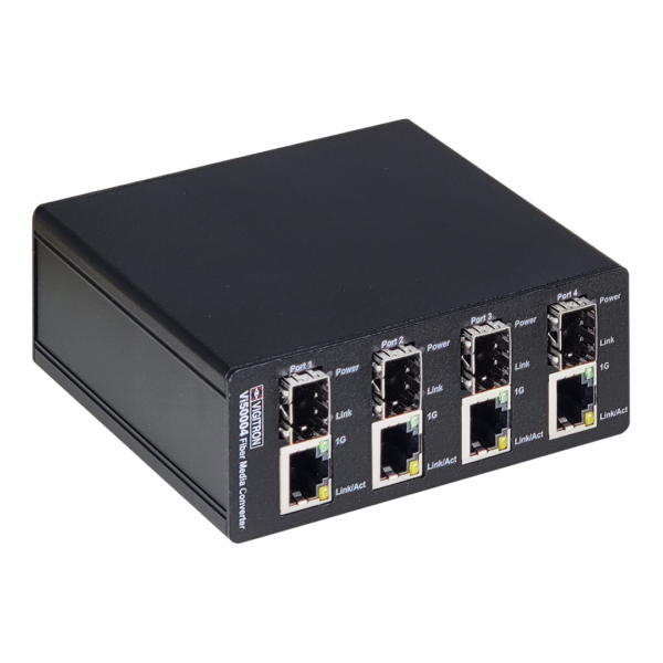 Vigitron - Vi50004 - 4-Port MaxiiFiber™ 1G Ethernet Media Converter, Powered by PoE or 12VDC @ 3A PS