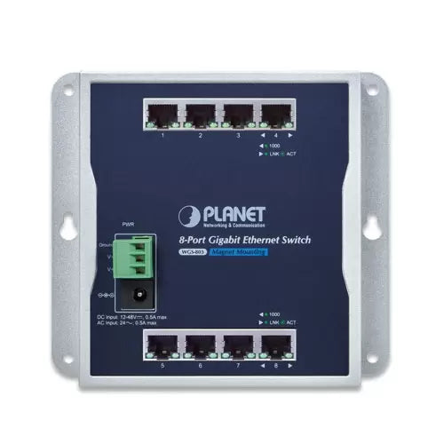 PLANET - WGS-803 - IP30 8-Port Gigabit Wall-mount Switch (-10 to 60 C), dual redundant power input on 12-48VDC terminal block and power jack