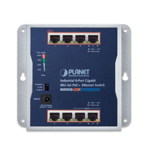 Planet - WGS-818HP - IP30 Industrial 8-Port 10/100/1000T 802.3at PoE+ Wall-mount Gigabit Switch (120W)