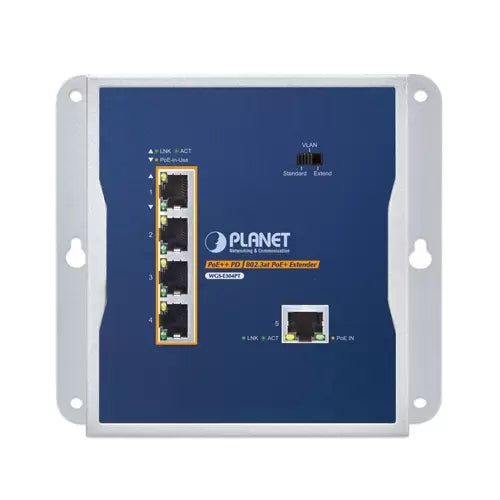 Planet - WGS-E304PT - IP30 Industrial 1-Port 95W 802.3bt PoE++ to 4-Port 802.3at PoE+ Wall-mounted Extender (-40 to 75 C, Standard/VLAN/Extend mode, fanless desing, wall mounting, magnetic wall mounting or DIN-rail mounting)