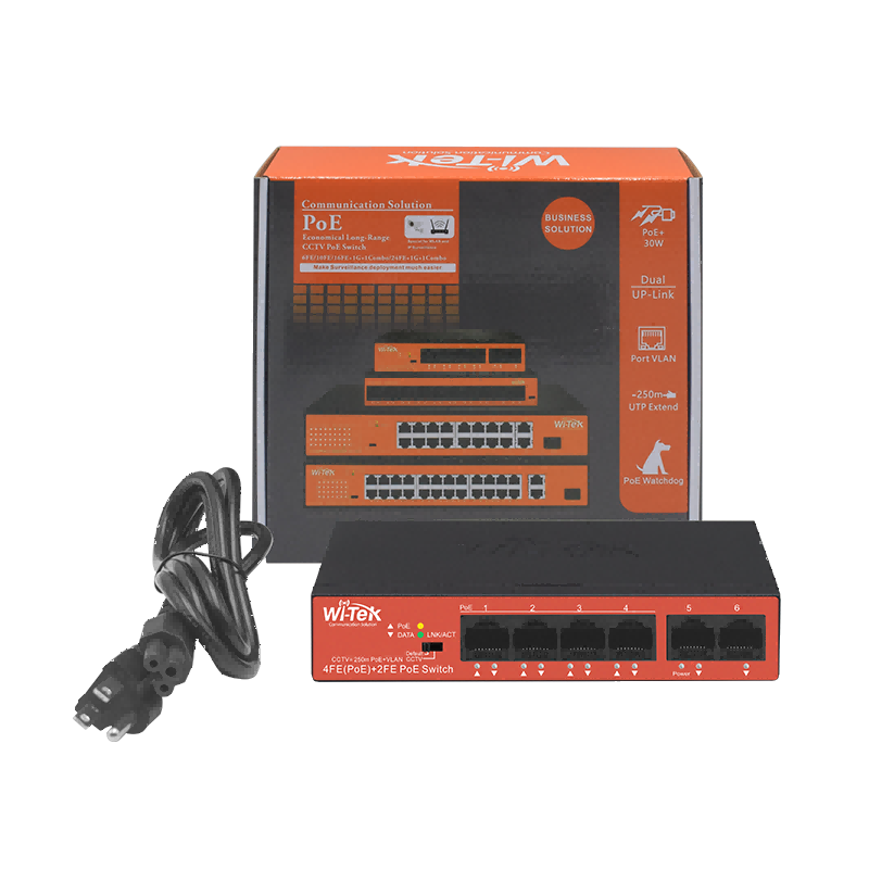 Wi-Tek - WI-PS205H V2 - 4FE + 2FE Uplink Ports 250M Long Range PoE Switch with 4PoE Port