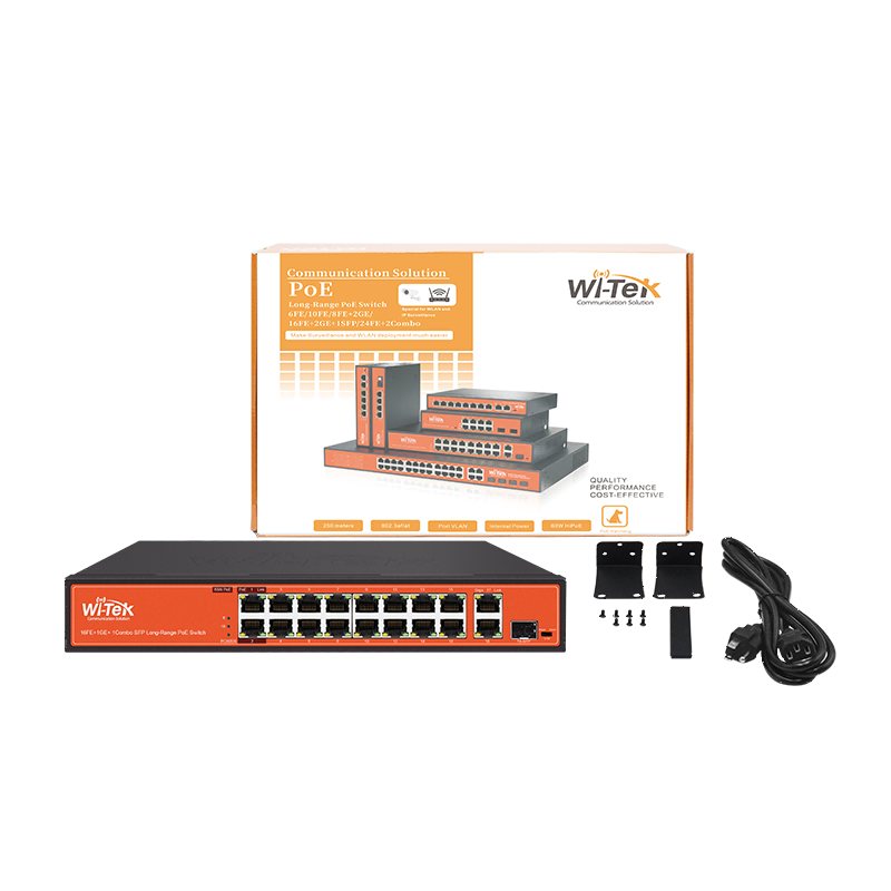 Wi-Tek - WI-PS518G - 16FE+1GE+1Combo SFP 250M Long Range PoE Switch with 16Port PoE