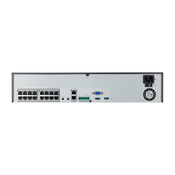 Hanwha - XRN-1620SB1-4TB - 8K NVR (Intel based), 4TB RAW 16 channels with 16 PoE/PoE+ ports (PoE Budget 200W), H265,H264, MJPEG, 4 fixed internal SATA HDDs (6TB max per HDD), ARB (Automatic Recovery Backup), 140 Mbps recording / up to 32 Mbps playbac