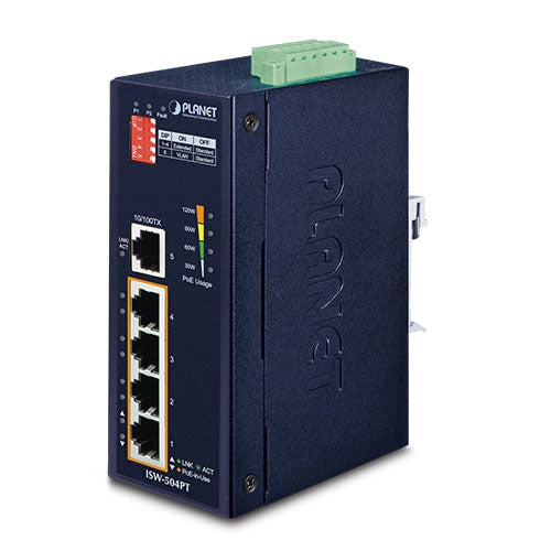 Planet - ISW-504PT - IP40 4-Port 10/100TX 802.3at PoE + 1-Port 10/100TX Industrial Fast Ethernet Switch