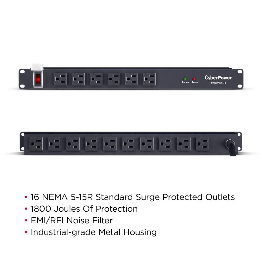 CYBERPOWER - CPS1615RMS - 1800 J, 125 V, 16 NEMA 5-15R (6 front, 10 rear), 6 ft cord, 3 year warranty