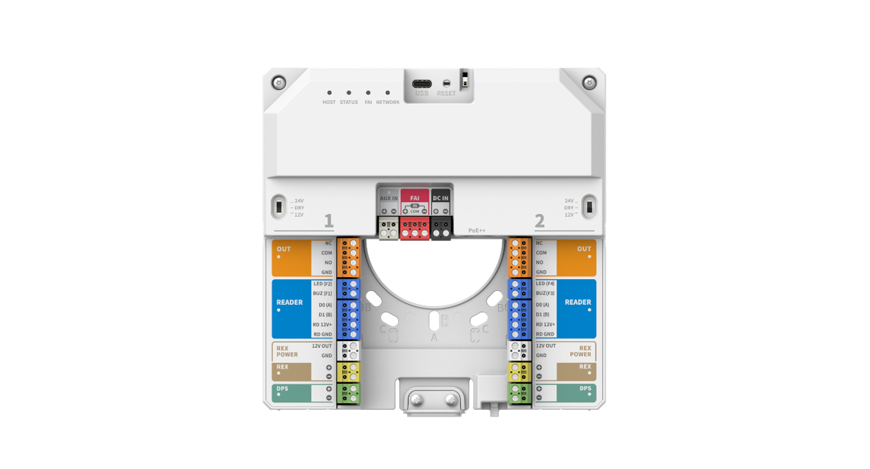Hanwha - NHP-P200 - Powered by OnCAFE, IP Controller supporting (2) doors, featuring (2) Wiegand/OSDP reader ports (up to 4 OSDP Readers), (5) Supervised Inputs, up to (4) Unsupervised OSDP Flex Inputs, (2) Form-C wet relay outputs with dry/12VDC/24V