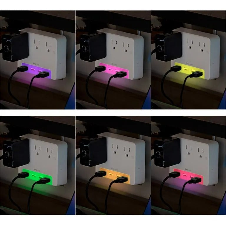 Cyber Power - P3WUH - 3 AC Outlet Wall Tap 125V with 4 USB 3.4A Charging Ports Glow Colors