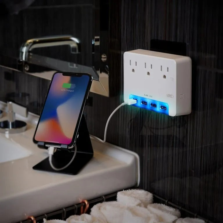 Cyber Power - P3WUH - 3 AC Outlet Wall Tap 125V with 4 USB 3.4A Charging Ports Glow Colors