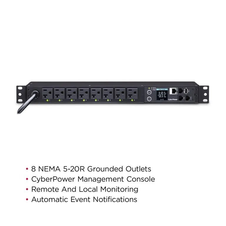 Cyber Power - PDU41002 - Switched PDU 20A 120V NEMA (L)5-20P input 8 NEMA 5-20R output 12ft cord 1U