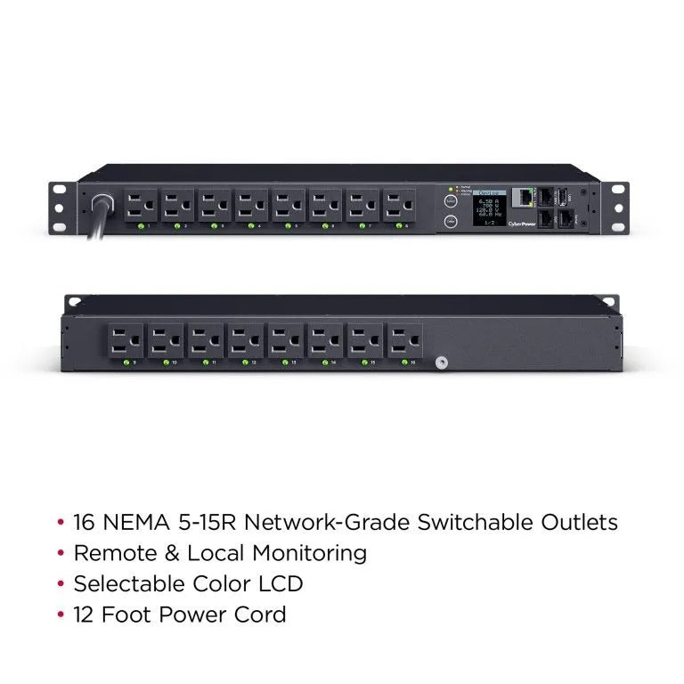 CYBERPOWER - PDU41021 - Switched PDU 15A 120V NEMA 5-15P input 16 NEMA 5-15R output 12ft cord 1U 3 Year Warranty