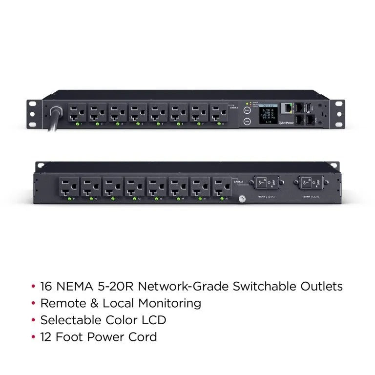 CYBERPOWER - PDU41023 - Switched PDU 30A 120V NEMA L5-30P input 16 NEMA 5-20R output 12ft cord 1U 3 Year Warranty