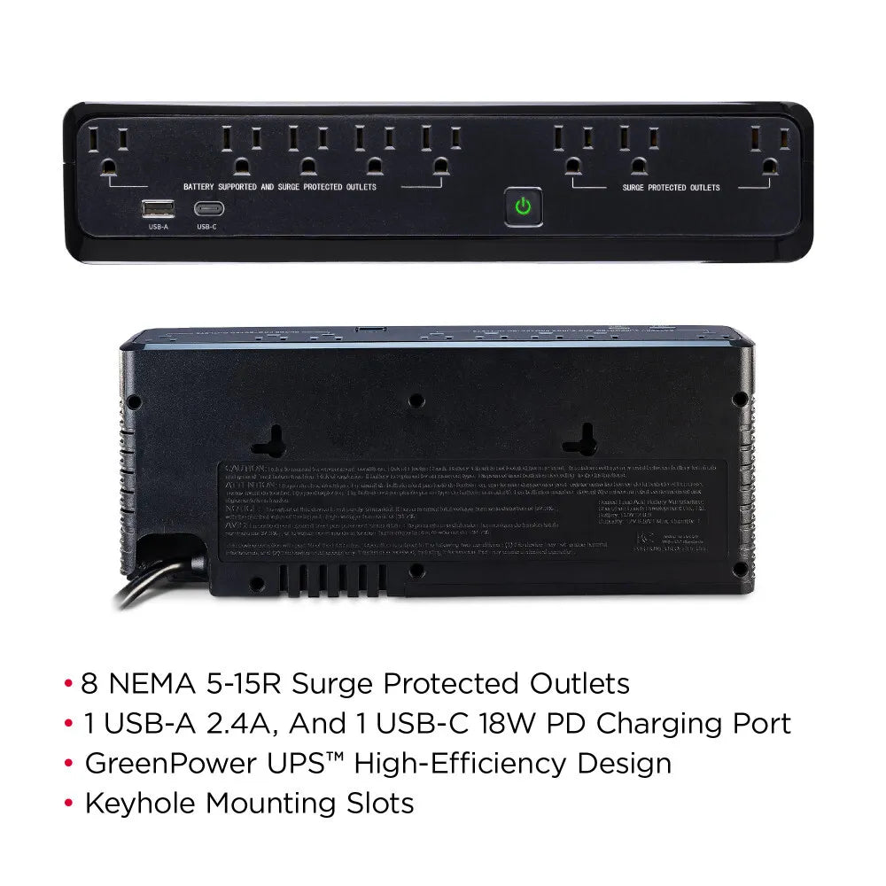 CYBERPOWER - SL950U - 950VA/510W Slim Line Standby UPS, 8 NEMA 5-15R Outlets, NEMA 5-15P Plug, 5 Ft Cord, 1 USB-A and one USB-C Charging Port, USB, PowerPanel Personal, 3 Yr Warranty