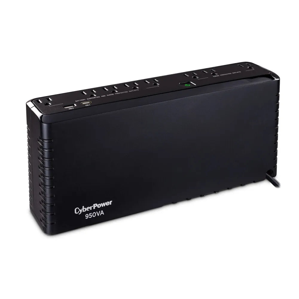 CYBERPOWER - SL950U - 950VA/510W Slim Line Standby UPS, 8 NEMA 5-15R Outlets, NEMA 5-15P Plug, 5 Ft Cord, 1 USB-A and one USB-C Charging Port, USB, PowerPanel Personal, 3 Yr Warranty