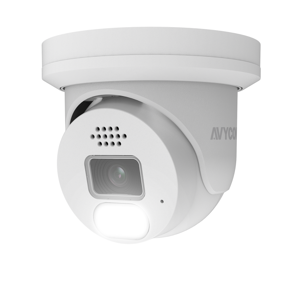 AVYCON - AVC-NAE41F28 - 4MP H.265+ InfiniteColor, Turret Diversity Active Deterrence IP Camera, AI Lite, DWDR, 4MP@25FPS, Full Color (white light), Built-in Mic, Speaker (2-way), Siren, 2.8mm Fixed Lens, MicroSD, Onvif, DC12V / PoE, IP67, White
