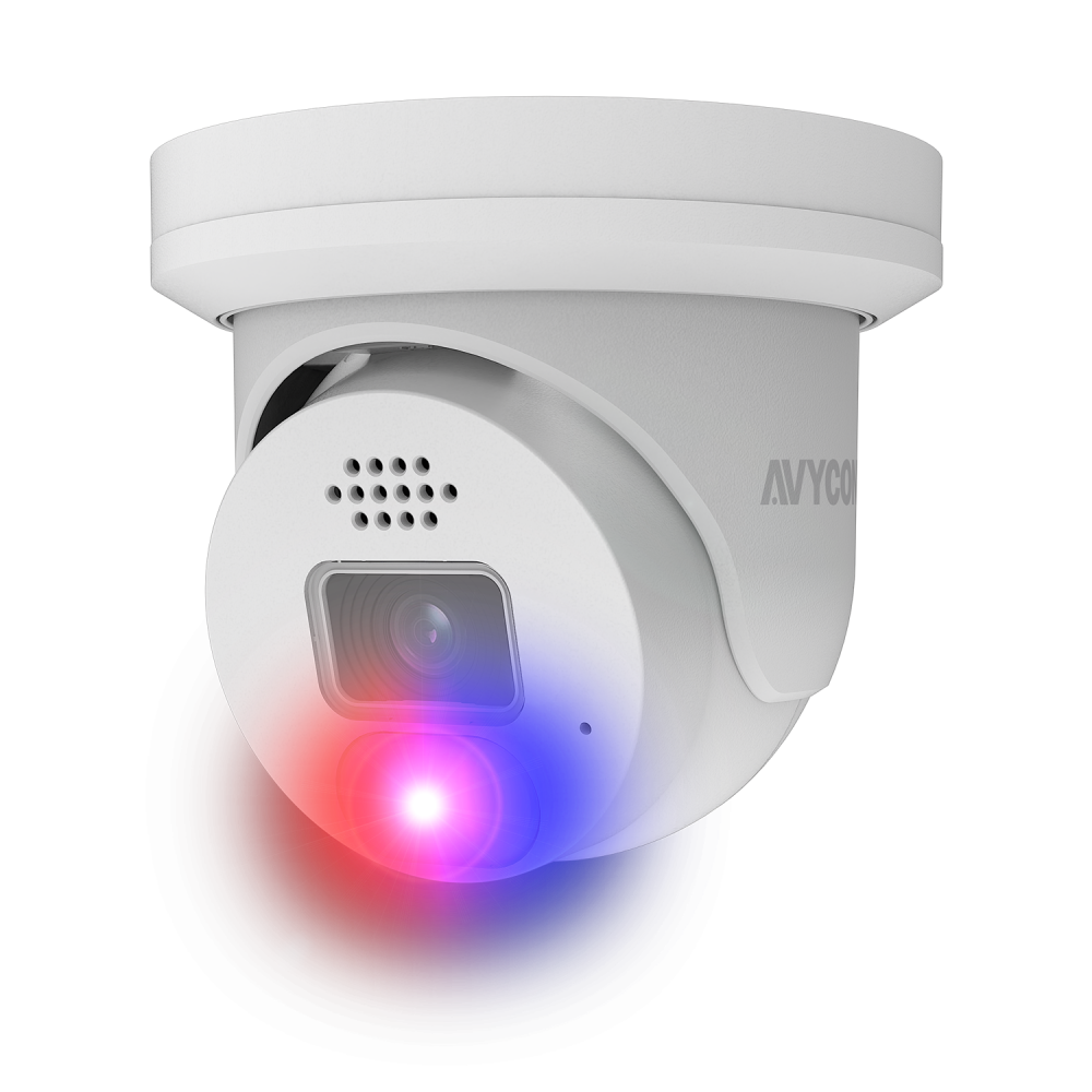 AVYCON - AVC-NAE81F28 - 8MP H.265+ InfiniteColor, Turret Diversity Active Deterrence IP Camera, AI Lite, DWDR, 8MP@15FPS, Full Color (white light), Built-in Mic, Speaker (2-way), Siren, 2.8mm Fixed Lens, MicroSD, Onvif, DC12V / PoE, IP67, White